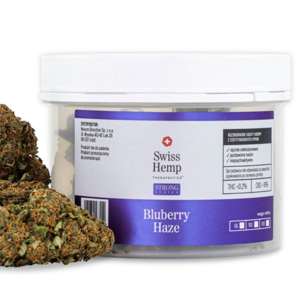Natūralūs kanapių žiedai Swiss Hemp BLUEBERRY HAZE CBD kanapių žiedai 18% Hempoaze