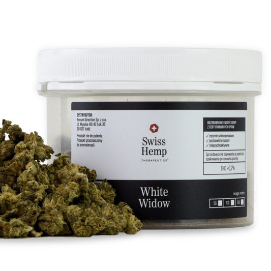 Natūralūs kanapių žiedai Swiss Hemp WHITE WIDOW CBD kanapių žiedai 10% Hempoaze