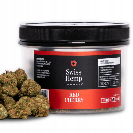 Natūralūs kanapių žiedai Swiss Hemp RED CHERRY CBD kanapių žiedai 10% Hempoaze